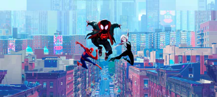 HD wallpaper of Spider-Man: Into The Spider-Verse featuring Spider-Gwen, Miles Morales, and Spider-Man, leaping over a vibrant cityscape.