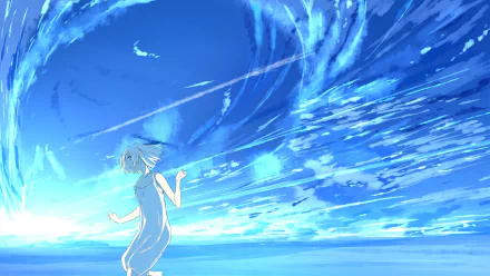 Anime-style HD desktop wallpaper featuring a short-haired character with white hair and brown eyes against a vivid, swirling blue sky background.