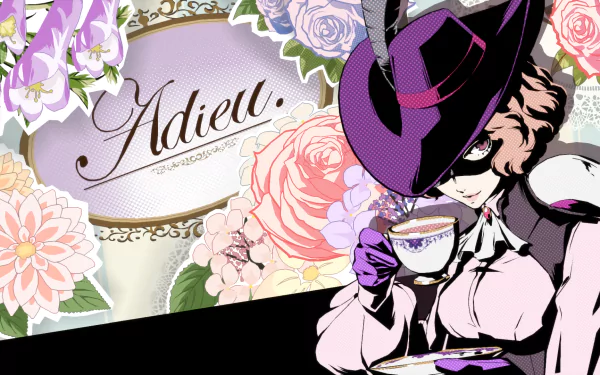 HD PC desktop wallpaper featuring Haru Okumura from the video game Persona 5, with floral accents and the word Adieu elegantly displayed.