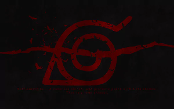 HD desktop wallpaper featuring a symbol associated with Itachi Uchiha from the anime Naruto, rendered in red on a dark, textured background with a quote about shinobi.