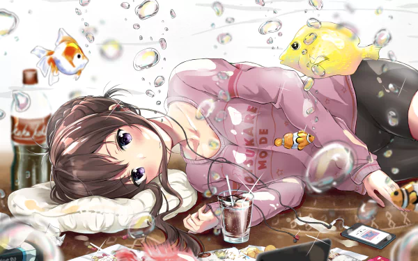 HD anime girl with brown hair and braided style, purple eyes, wearing earbuds, lying on the floor among floating bubbles and fish. She is surrounded by personal items, creating a cozy and whimsical atmosphere.