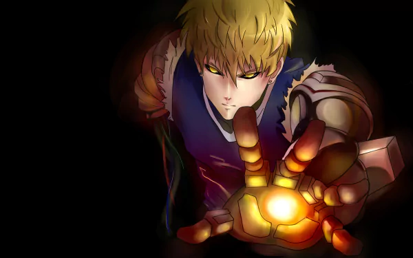 Genos from One-Punch Man anime depicted with glowing mechanical hand, rendered in 4K Ultra HD as a striking PC desktop wallpaper.