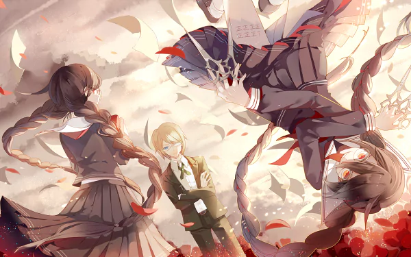 HD desktop wallpaper featuring characters from Danganronpa. Genocide Jack wields scissors beside Tōko Fukawa and Byakuya Togami, amidst a flurry of flower petals in anime style.