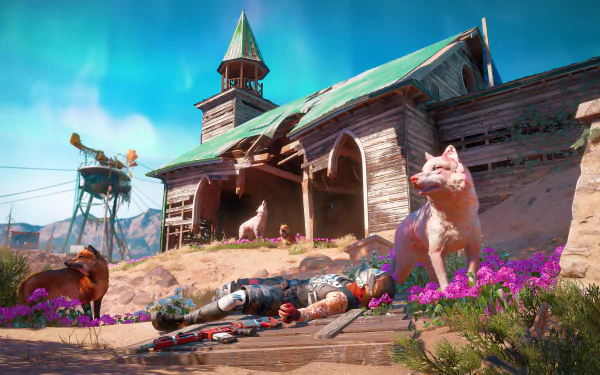 4K Ultra HD PC desktop wallpaper featuring a vibrant scene from the video game Far Cry New Dawn, showcasing a rustic building, colorful flora, and animals in a post-apocalyptic setting.