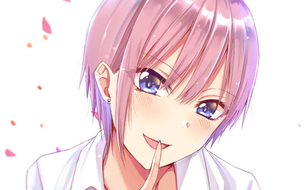 Anime character Ichika Nakano from The Quintessential Quintuplets smiling, with pink hair, blue eyes, and a blush. This HD desktop wallpaper and background portrays a charming and bright anime artwork.