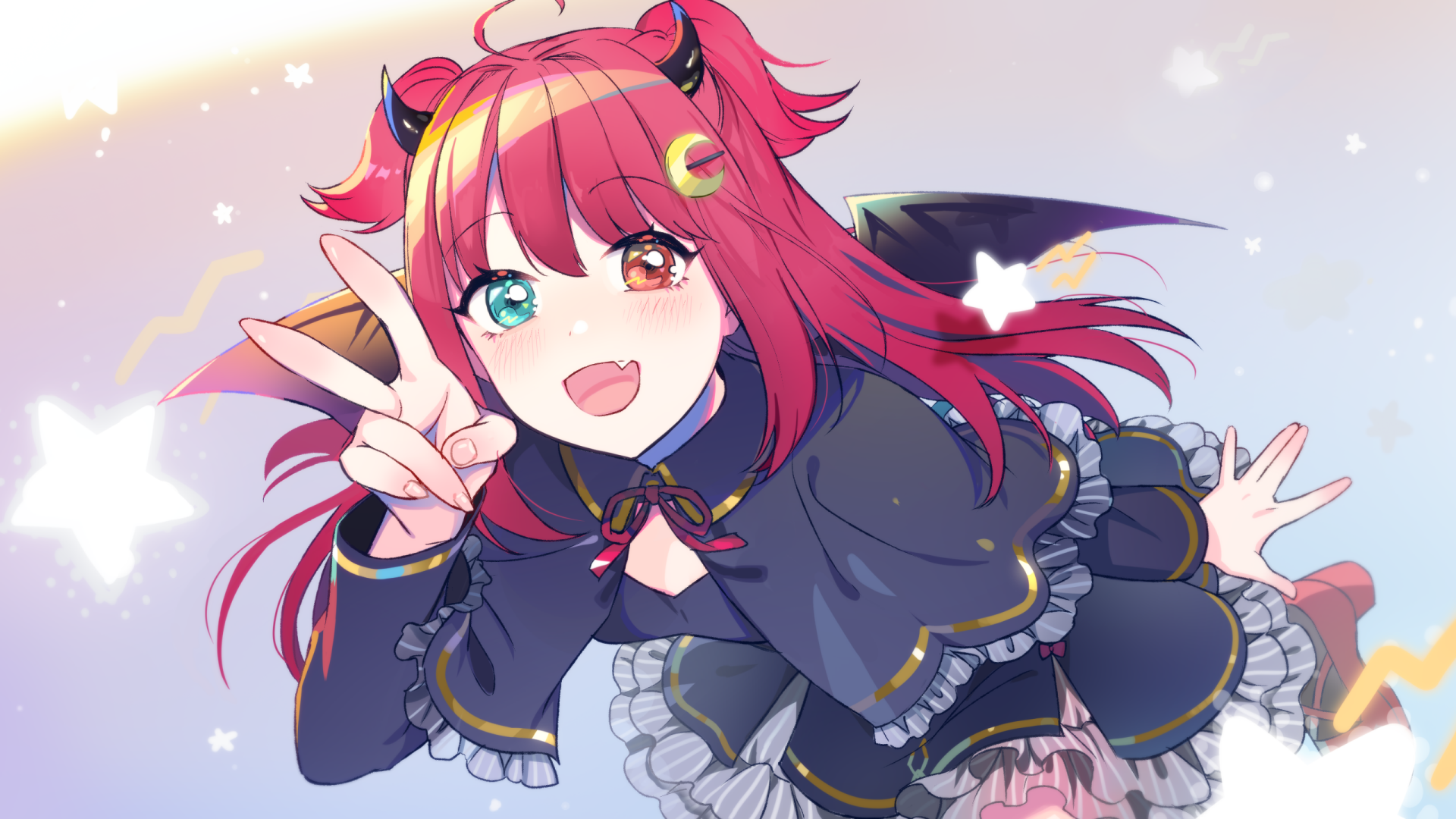 Anime girl with heterochromia and red hair, wearing a frilly blue dress, strikes a peace sign pose against a starry background. HD desktop wallpaper and background.