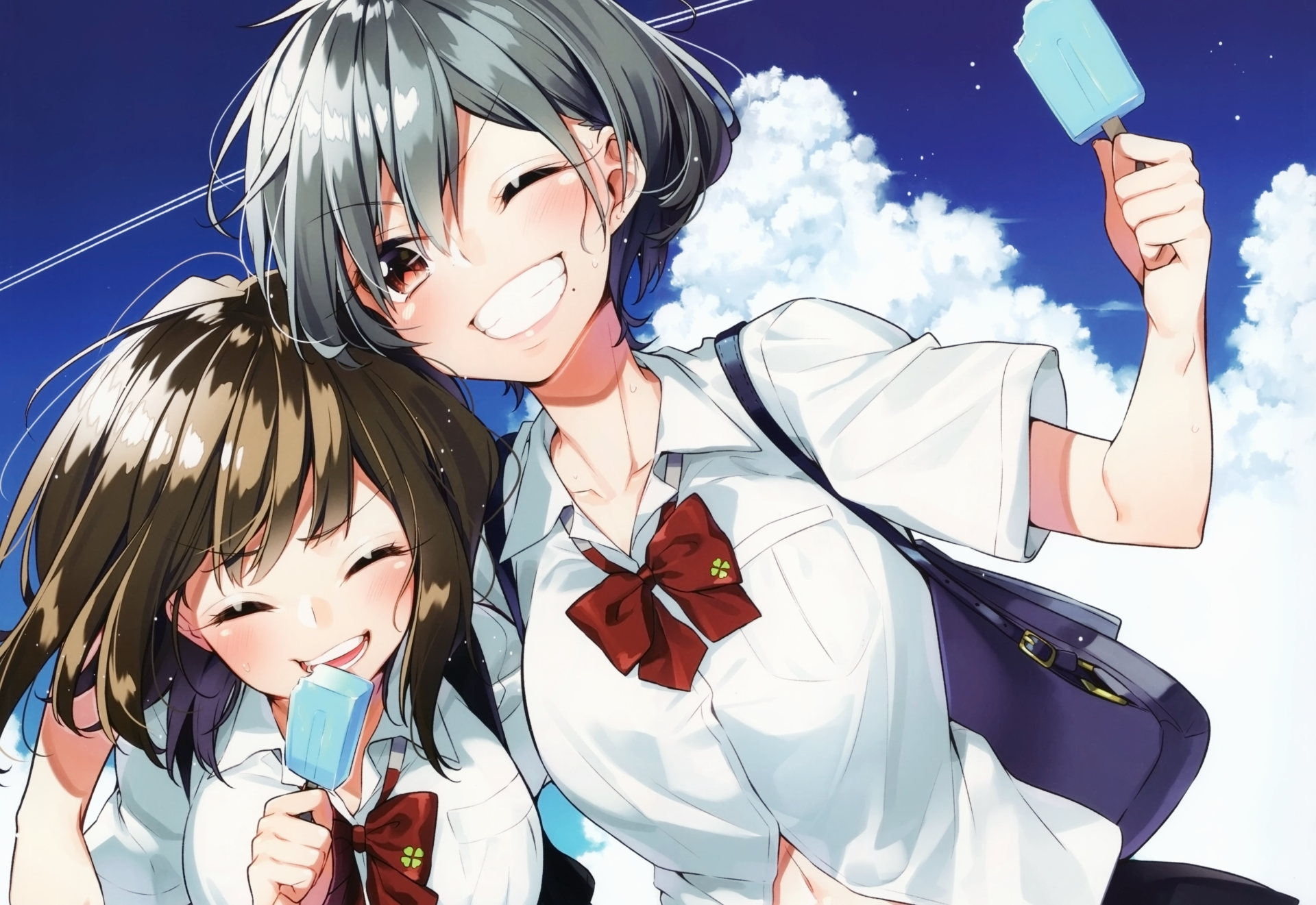 Anime-style artwork of two smiling schoolgirls enjoying blue popsicles against a bright sky, created as a 4K Ultra HD original PC desktop wallpaper.