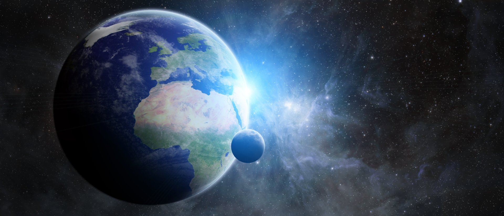 5K Ultra HD PC desktop wallpaper: Earth from space—planet Earth and its moon set against a starry cosmic backdrop, showcasing nature viewed from orbit.