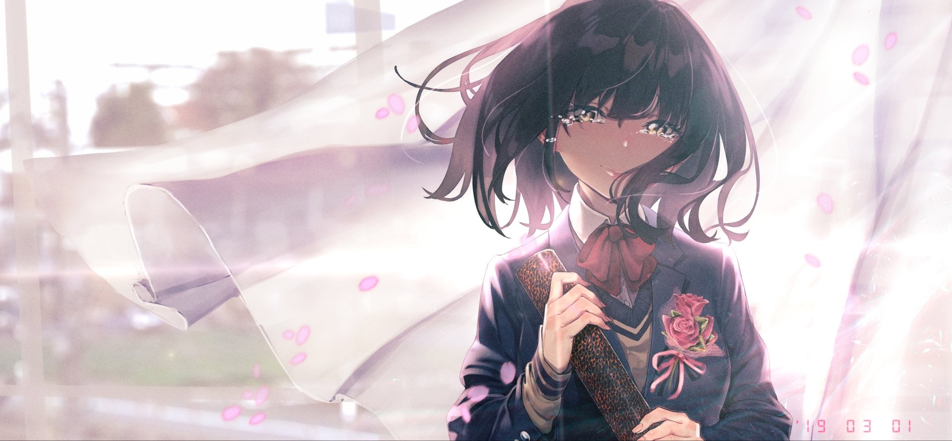 An emotional anime schoolgirl with tears in her eyes, holding a scroll, against a soft background with floating petals. High-definition desktop wallpaper.