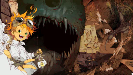 HD desktop wallpaper featuring Emma from The Promised Neverland anime, surrounded by fantastical elements and a menacing creature in a vivid, dynamic setting.