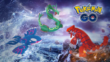 4K Ultra HD PC desktop background for Pokémon GO featuring Kyogre, Groudon and Rayquaza clashing over a stormy sea and sky — bold video game artwork.