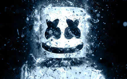 HD desktop wallpaper of DJ Marshmello illuminated in blue, with sparks and water droplets surrounding his signature helmet.