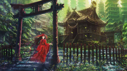 An anime-styled HD wallpaper: Hinomoto Oniko with long hair, dressed in traditional Japanese samurai clothes, holding a katana, standing in front of a shrine in lush greenery.