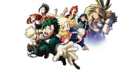 HD PC desktop wallpaper featuring Melissa Shield, Tenya Iida, All Might, Katsuki Bakugou, Shoto Todoroki, and Izuku Midoriya from the anime My Hero Academia: Two Heroes.