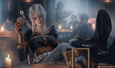 HD PC desktop wallpaper featuring Ciri from Gwent: The Witcher Card Game, set in a dimly lit tavern scene with cards and blurred figures in the background.