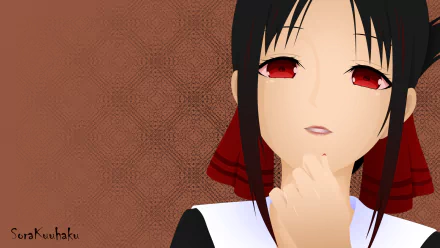 HD desktop wallpaper featuring Kaguya Shinomiya from the anime Kaguya-sama: Love is War, depicted in a vector style with a contemplative expression against a brown background.