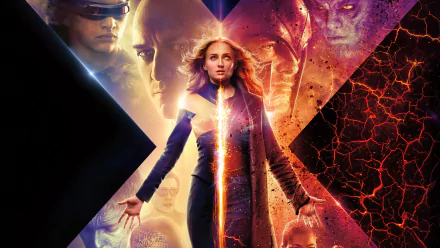 HD desktop wallpaper of X-Men: Dark Phoenix featuring characters such as Jean Grey, Magneto, Cyclops, and Charles Xavier with a vibrant cosmic and fiery background.