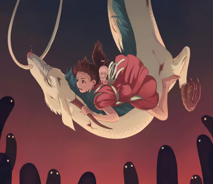 HD anime wallpaper featuring Chihiro riding a majestic dragon from Spirited Away, capturing a magical and adventurous moment in rich, vibrant colors.