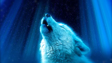 A glowing fantasy wolf howling under a starry night sky, rendered in stunning 4K Ultra HD for a vivid PC desktop wallpaper backdrop.