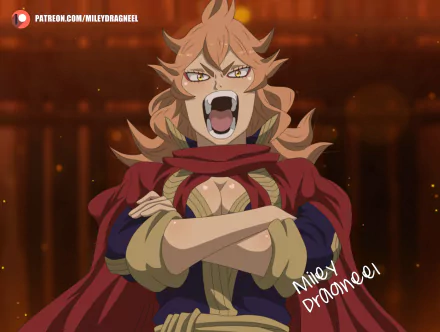 HD PC desktop wallpaper featuring Mereoleona Vermillion from the anime Black Clover, depicted yelling fiercely with arms crossed against a fiery background.