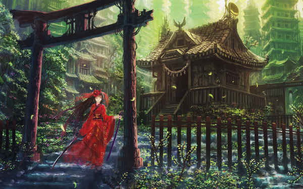 Anime Shrine Samurai Japanese Clothes Weapon Katana Long Hair Hinomoto Oniko HD Wallpaper | Background Image