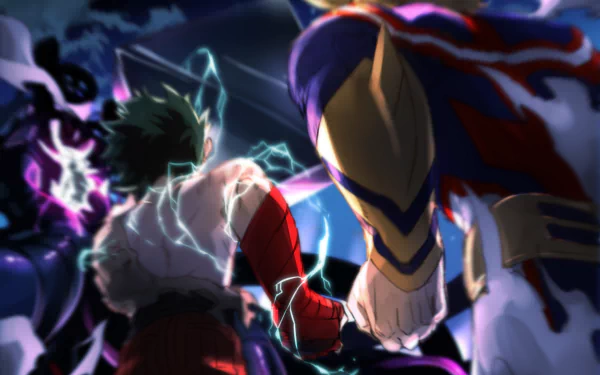 HD desktop wallpaper featuring Toshinori Yagi (All Might) and Izuku Midoriya from the anime My Hero Academia: Two Heroes, showcasing dynamic action and vibrant energy.
