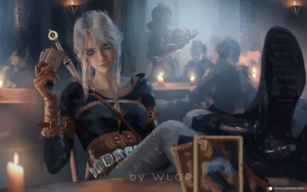 HD PC desktop wallpaper featuring Ciri from Gwent: The Witcher Card Game, set in a dimly lit tavern scene with cards and blurred figures in the background.