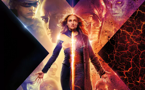 X-Men: Dark Phoenix movie characters Tye Sheridan, Sophie Turner, and others in a vibrant HD desktop wallpaper.