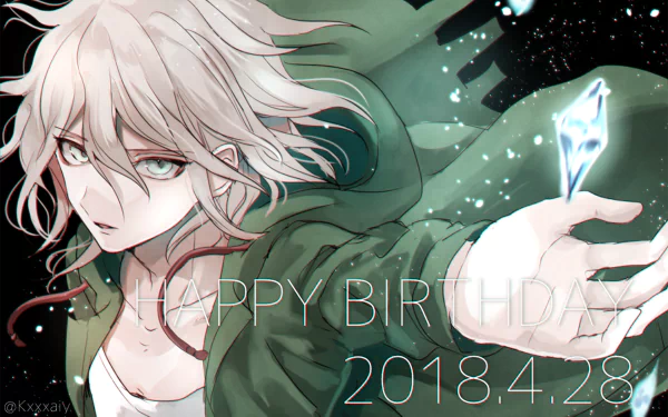 HD desktop wallpaper featuring Nagito Komaeda from the video game Danganronpa 2: Goodbye Despair, showcasing his distinctive white hair and green jacket.