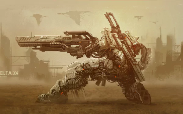 Futuristic sci-fi mecha in a detailed HD desktop wallpaper, showcasing a powerful robotic mech in a dystopian industrial landscape.