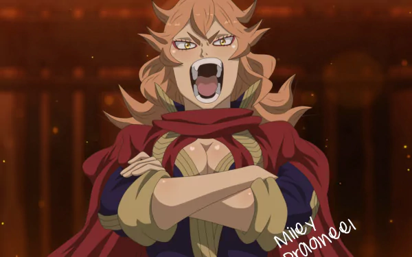 HD PC desktop wallpaper featuring Mereoleona Vermillion from the anime Black Clover, depicted yelling fiercely with arms crossed against a fiery background.