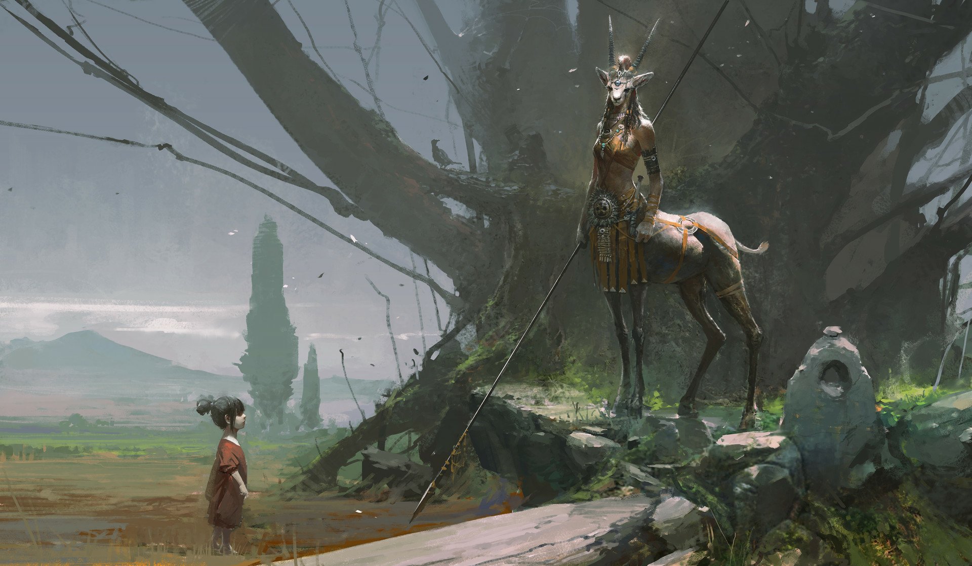 A child holding a spear faces a tall, mystical creature in a foggy mountain landscape, captured in a detailed fantasy HD desktop wallpaper.