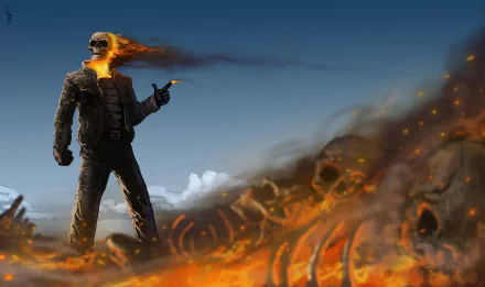 4K Ultra HD comic-style wallpaper featuring Ghost Rider with a flaming skull head, standing amidst fiery skulls under a dusky sky, designed for PC desktops.
