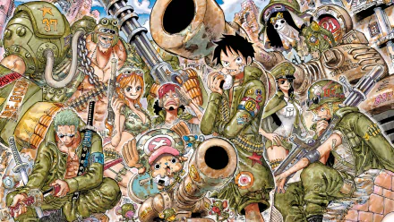 HD PC desktop wallpaper featuring the One Piece anime crew in military-style outfits amid detailed mechanical and gear elements.
