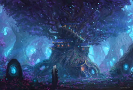 HD PC desktop wallpaper featuring a mystical treehouse scene from the video game World of Warcraft: Battle for Azeroth with glowing blue and purple hues.