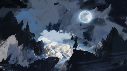 A lone fantasy warrior knight stands on a rocky cliff under a bright full moon, surrounded by rugged mountains and a dramatic night sky in 4K Ultra HD detail.