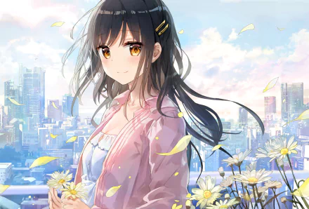 Anime-style artwork featuring a girl with black hair and orange eyes, blushing, standing among flowers with a city skyline in the background. She wears a pink jacket and clips in her hair. HD desktop wallpaper.