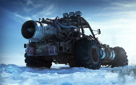 A custom vehicle with a jet engine stands on snow, showcasing a rugged design against a clear sky. This HD desktop wallpaper captures an adventurous spirit.