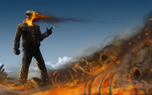 4K Ultra HD comic-style wallpaper featuring Ghost Rider with a flaming skull head, standing amidst fiery skulls under a dusky sky, designed for PC desktops.