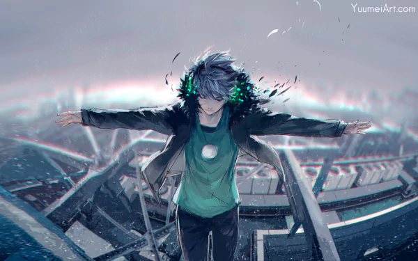 HD PC desktop wallpaper featuring Frey from Fisheye Placebo in a dynamic comic-style scene with detailed urban background and vibrant energy effects.
