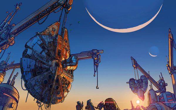 HD Sci-Fi desktop wallpaper featuring the Millennium Falcon suspended in a spaceyard under a crescent moon, capturing a Star Wars atmosphere at sunset.