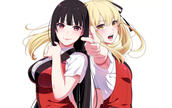 HD desktop wallpaper featuring Yumeko Jabami and Mary Saotome from the anime Kakegurui. Both characters are posed confidently, with Yumeko smiling and Mary gesturing enthusiastically.