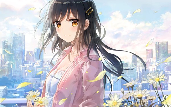 Anime Original Flower City Blush Orange Eyes Black Hair HD Wallpaper | Background Image