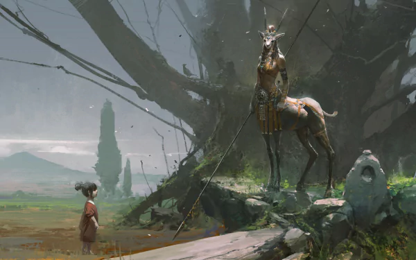 A child holding a spear faces a tall, mystical creature in a foggy mountain landscape, captured in a detailed fantasy HD desktop wallpaper.