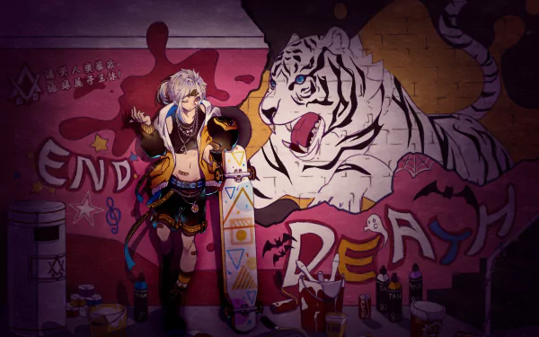HD anime wallpaper featuring Atsushi Nakajima from Bungou Stray Dogs standing with a skateboard in front of a vibrant wall mural of a white tiger and graffiti art.