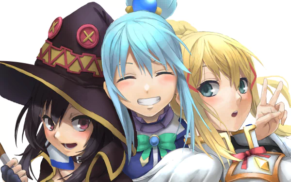 HD PC desktop wallpaper featuring Darkness, Aqua, and Megumin from the anime KonoSuba: God’s blessing on this wonderful world!! in vibrant, cheerful poses.