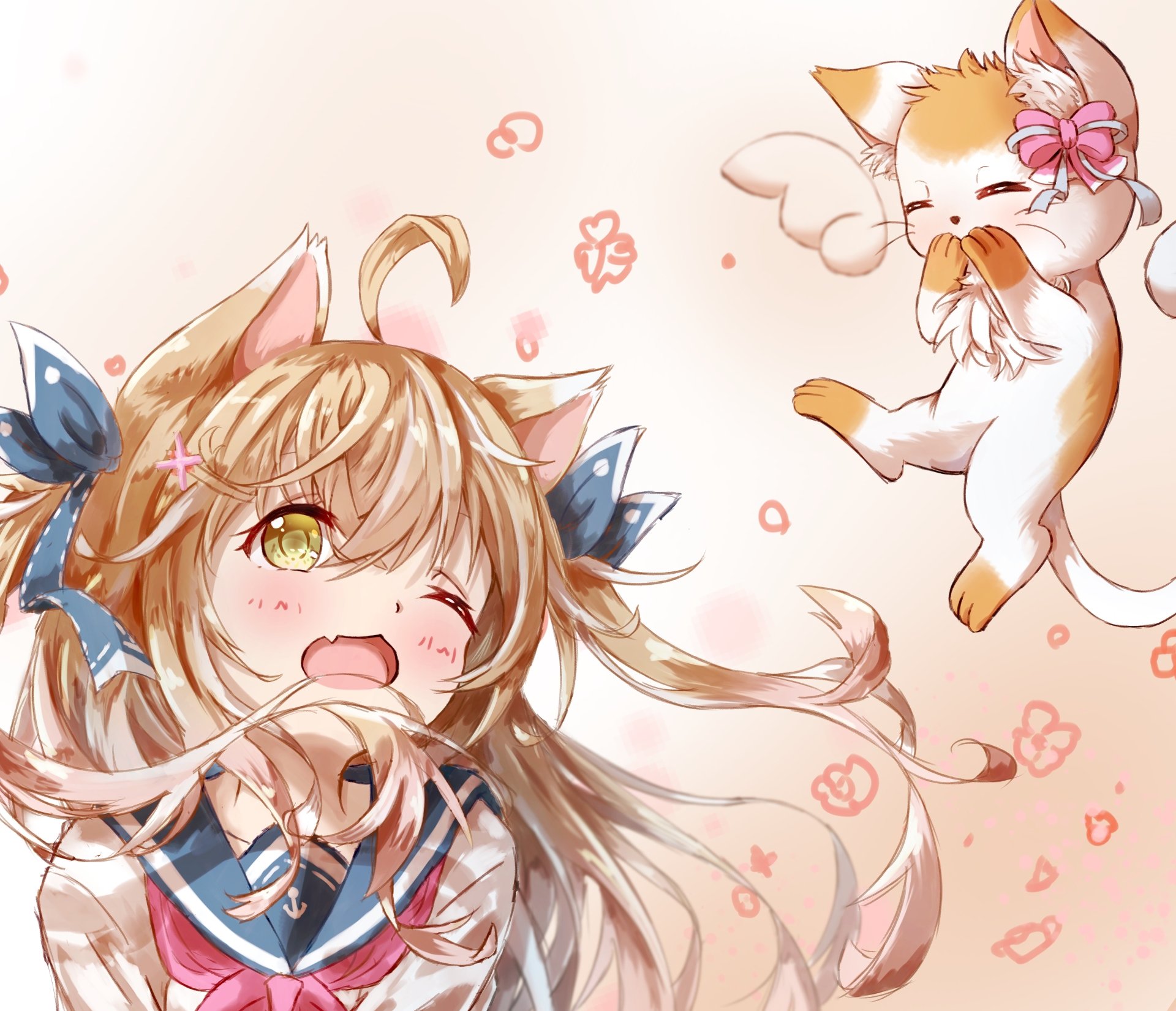 Anime-style original artwork featuring a cheerful girl with cat ears and a playful white cat, designed as a vibrant 4K Ultra HD PC desktop wallpaper.