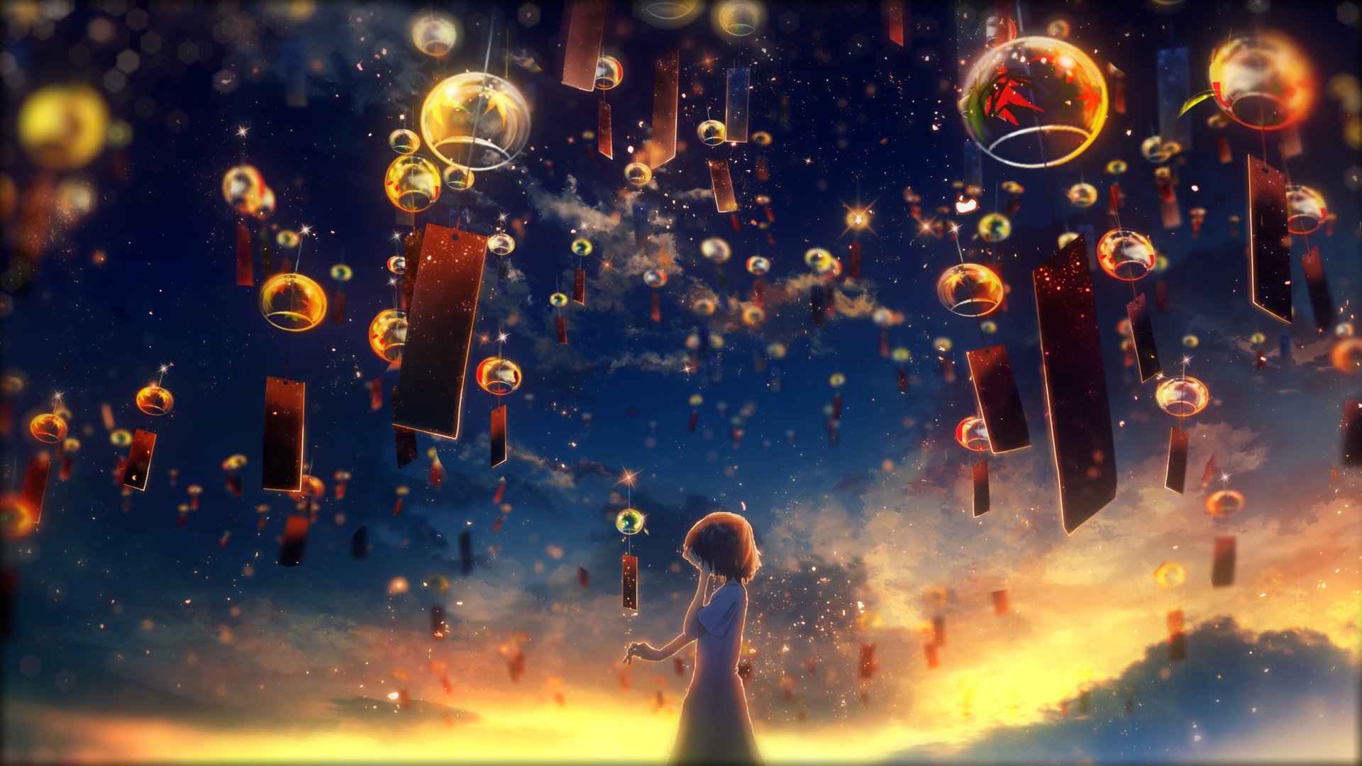Anime-inspired HD desktop wallpaper featuring a surreal sunset with a silhouette of a person amidst floating clocks and glowing orbs.