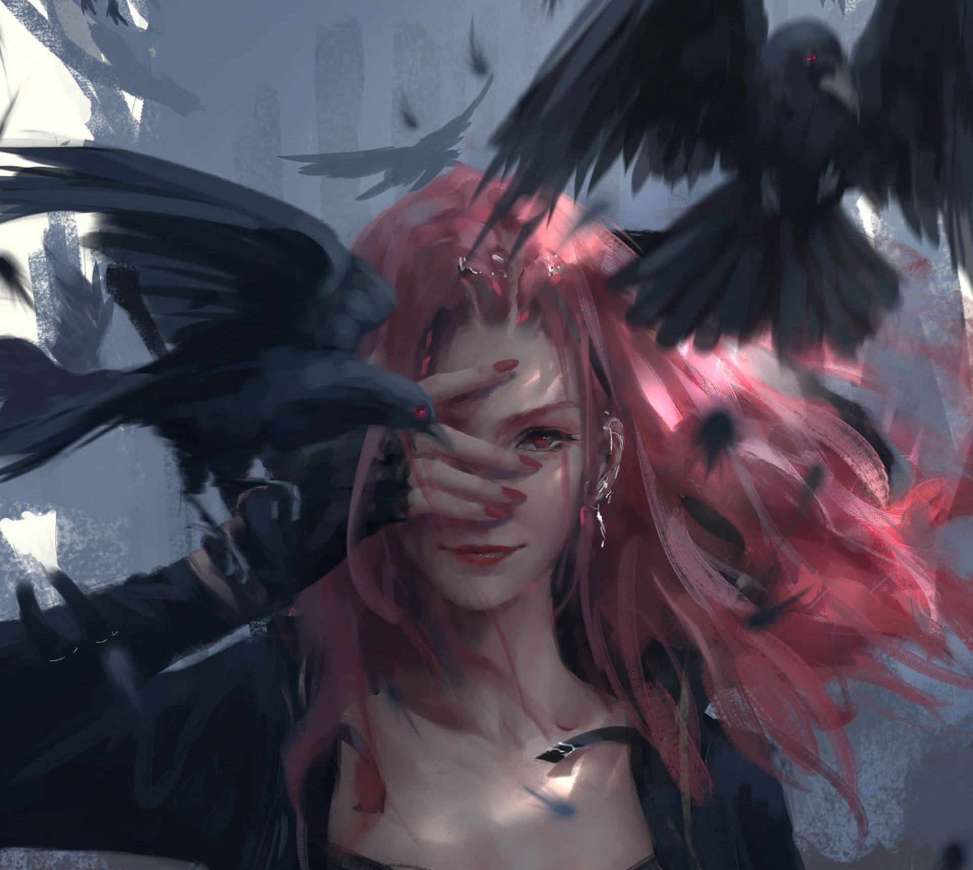 HD PC desktop wallpaper from the GhostBlade comic featuring a witch with flowing pink hair surrounded by dark ravens in a mysterious, atmospheric scene.