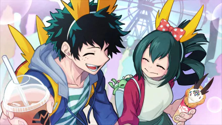 HD desktop wallpaper featuring Izuku Midoriya and Tsuyu Asui from My Hero Academia sharing smiles and snacks in a vibrant anime scene.